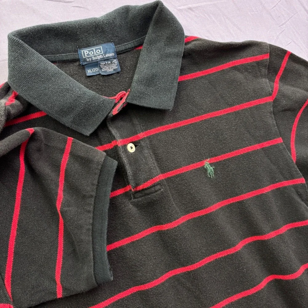 Polo Ralph Lauren Kids XL 18-20 Black Red Striped Cotton Pique Polo Shirt Preppy